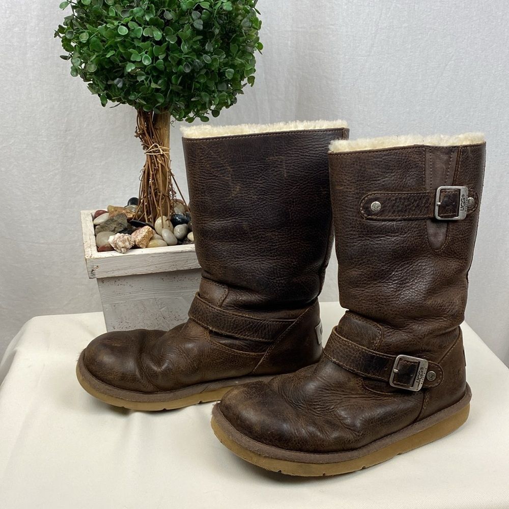 Ugg Brown Leather 5678 Kensington Biker Moto Fleece Lined Calf Height Boots 7